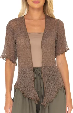 SHU-SHI Short Sleeve Cardigan Sheer Dress Shrug Tie Front Summer Sweater Lightweight Knit