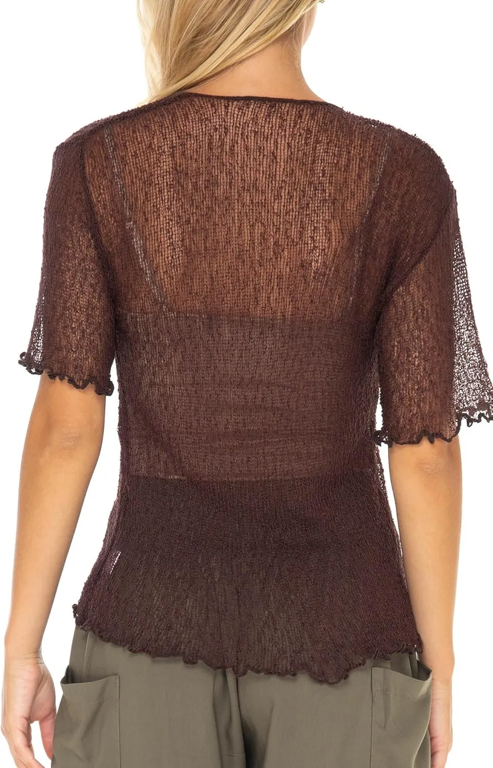 SHU-SHI Short Sleeve Cardigan Sheer Dress Shrug Tie Front Summer Sweater Lightweight Knit