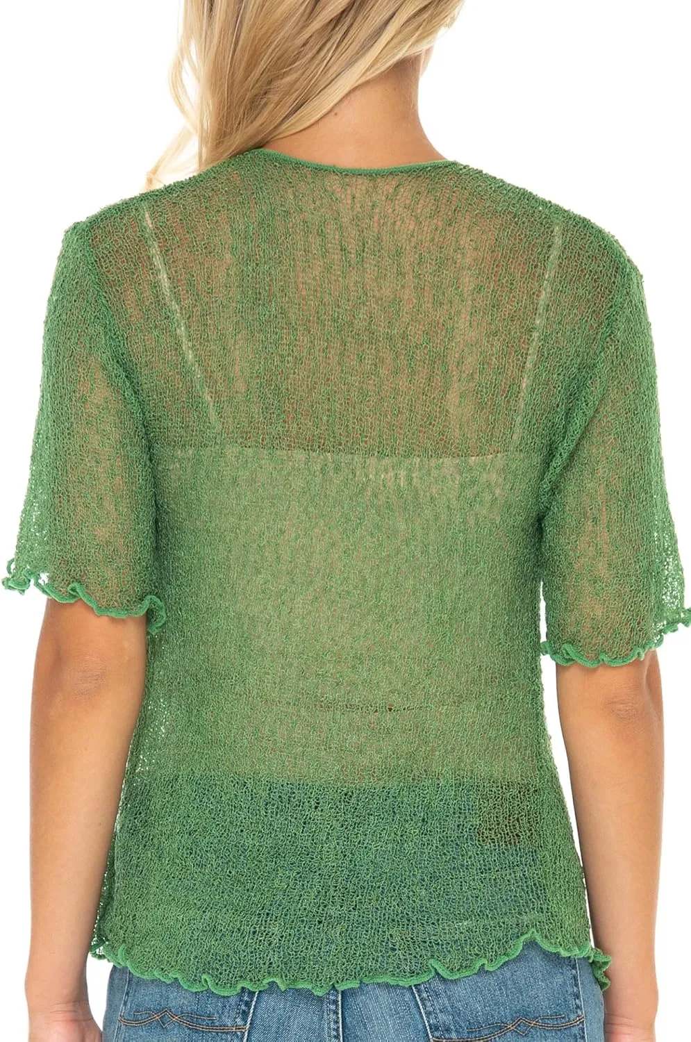 SHU-SHI Short Sleeve Cardigan Sheer Dress Shrug Tie Front Summer Sweater Lightweight Knit