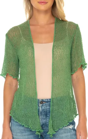 SHU-SHI Short Sleeve Cardigan Sheer Dress Shrug Tie Front Summer Sweater Lightweight Knit