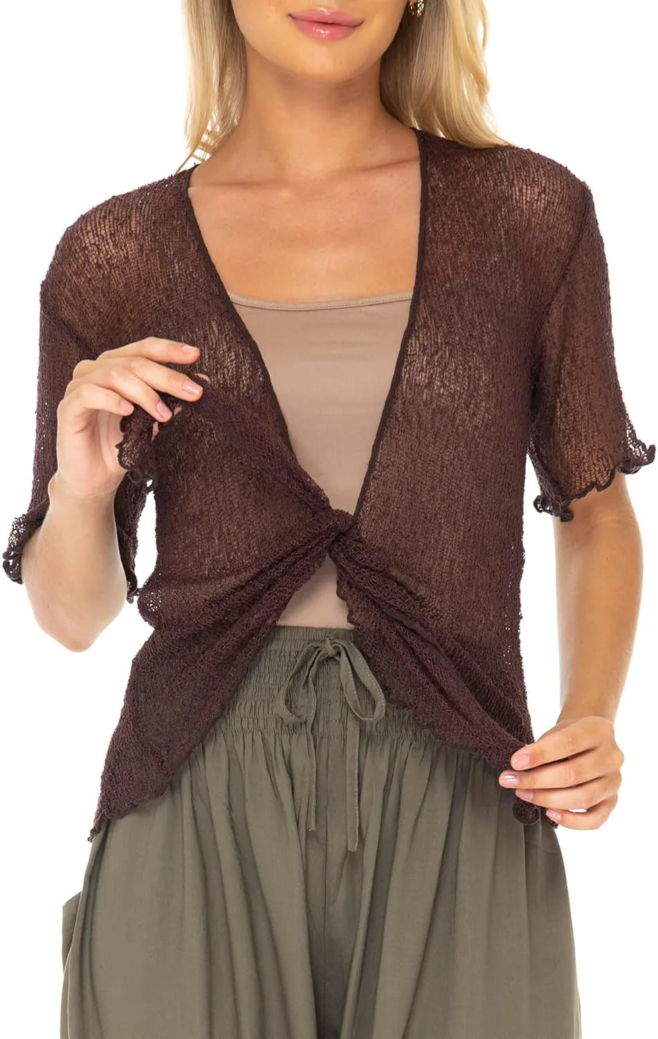 SHU-SHI Short Sleeve Cardigan Sheer Dress Shrug Tie Front Summer Sweater Lightweight Knit
