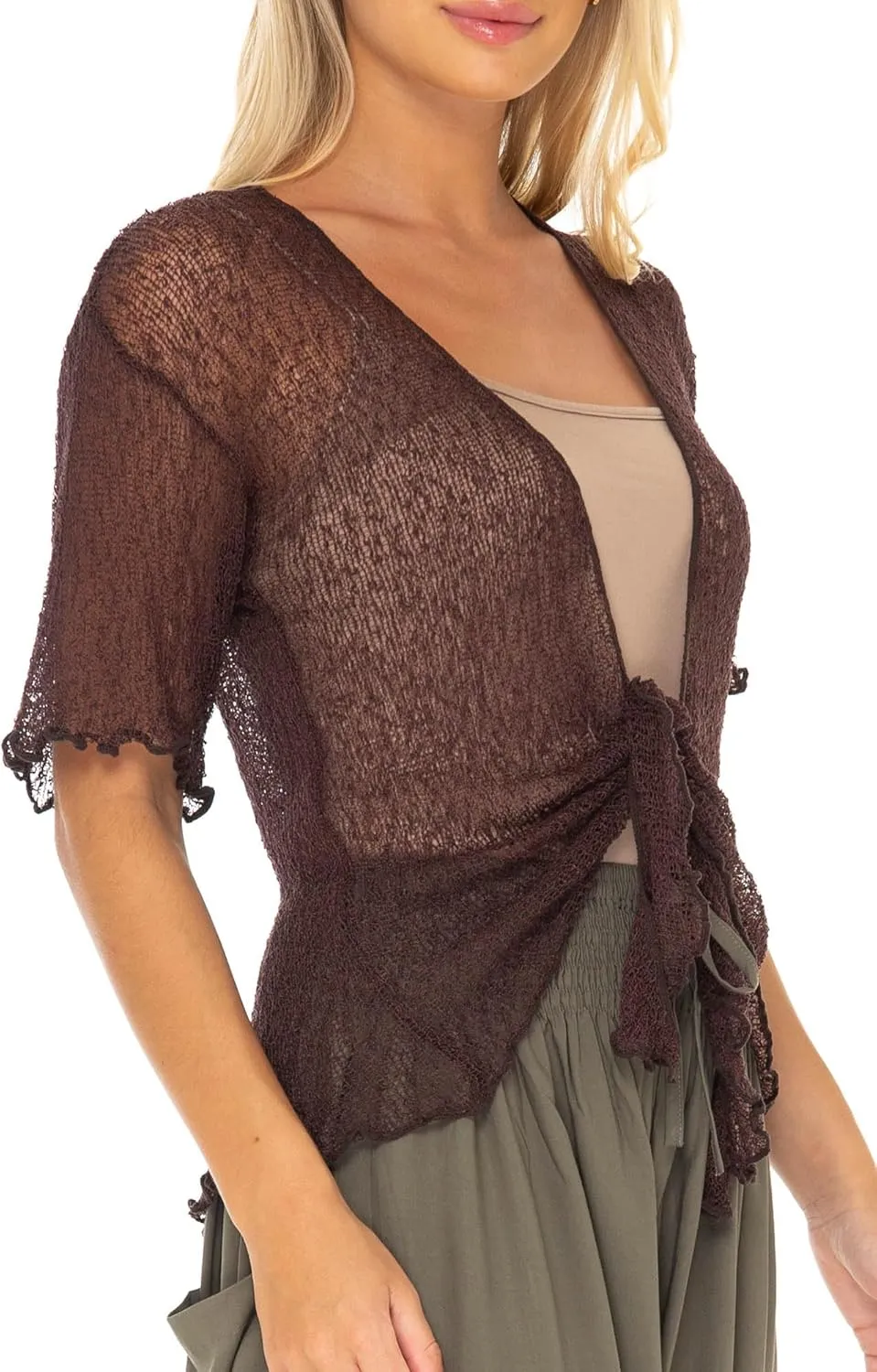 SHU-SHI Short Sleeve Cardigan Sheer Dress Shrug Tie Front Summer Sweater Lightweight Knit