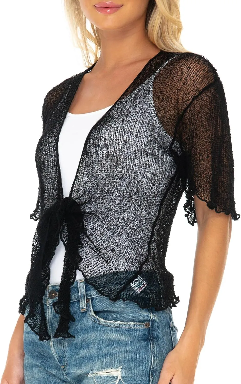 SHU-SHI Short Sleeve Cardigan Sheer Dress Shrug Tie Front Summer Sweater Lightweight Knit