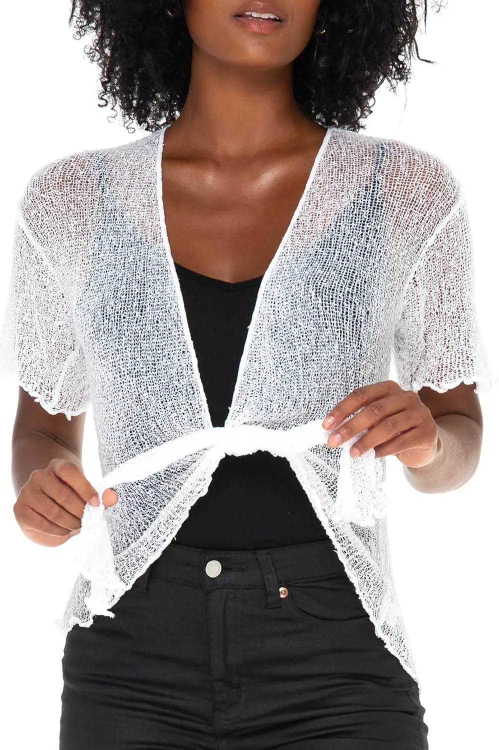 SHU-SHI Short Sleeve Cardigan Sheer Dress Shrug Tie Front Summer Sweater Lightweight Knit