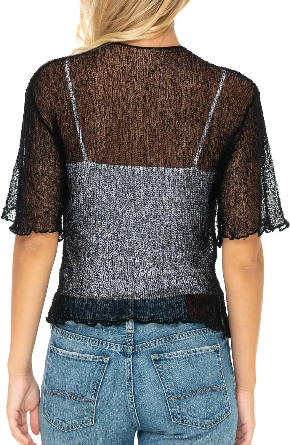 SHU-SHI Short Sleeve Cardigan Sheer Dress Shrug Tie Front Summer Sweater Lightweight Knit