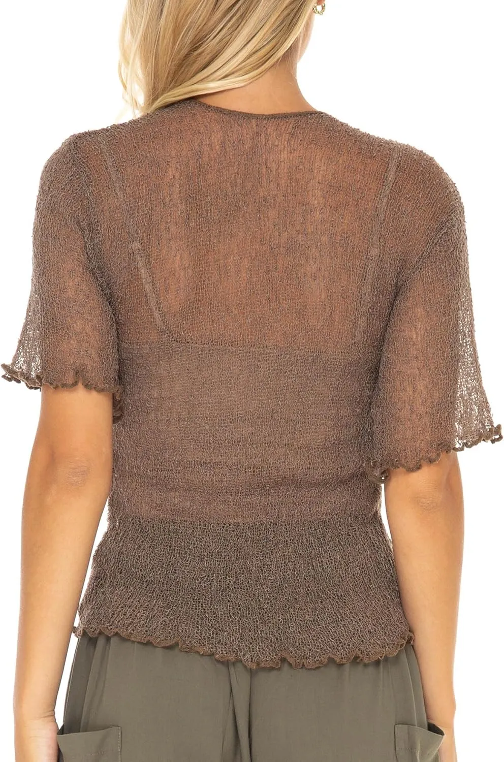 SHU-SHI Short Sleeve Cardigan Sheer Dress Shrug Tie Front Summer Sweater Lightweight Knit