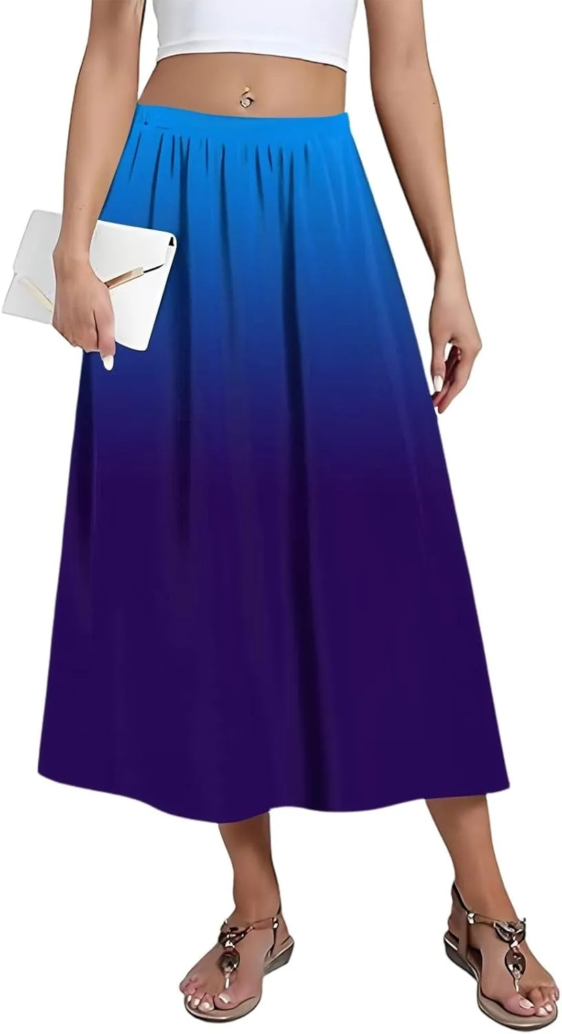 Skirs for Women Gradient Stripe Printed Skirt Elasticated Loose Pocket Pleated Half-Body Skirts Casual Skirt