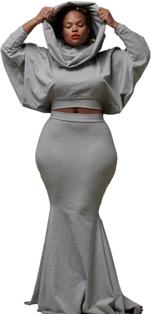 Skirt Sets Women 2 Piece Outfits Sexy Long Batwing Sleeve Hooded Shirt Tops with High Waist Mermaid Maxi Skirt Set