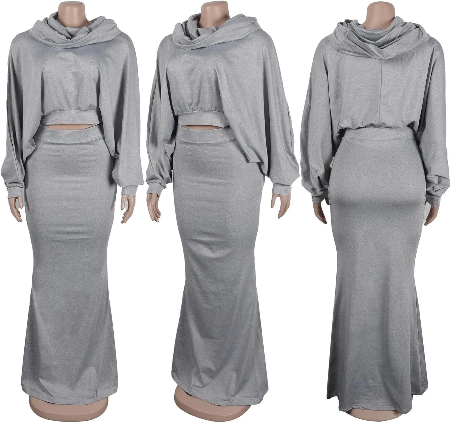 Skirt Sets Women 2 Piece Outfits Sexy Long Batwing Sleeve Hooded Shirt Tops with High Waist Mermaid Maxi Skirt Set