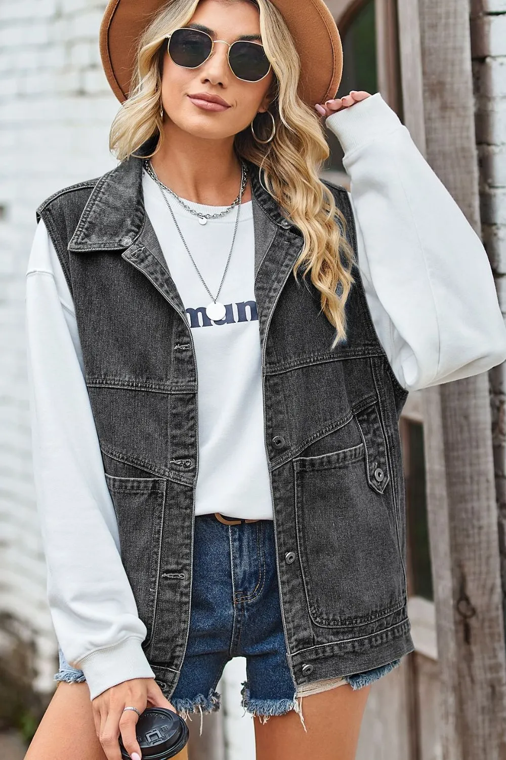 Sleeveless Denim Jacket with A Detachable Hood