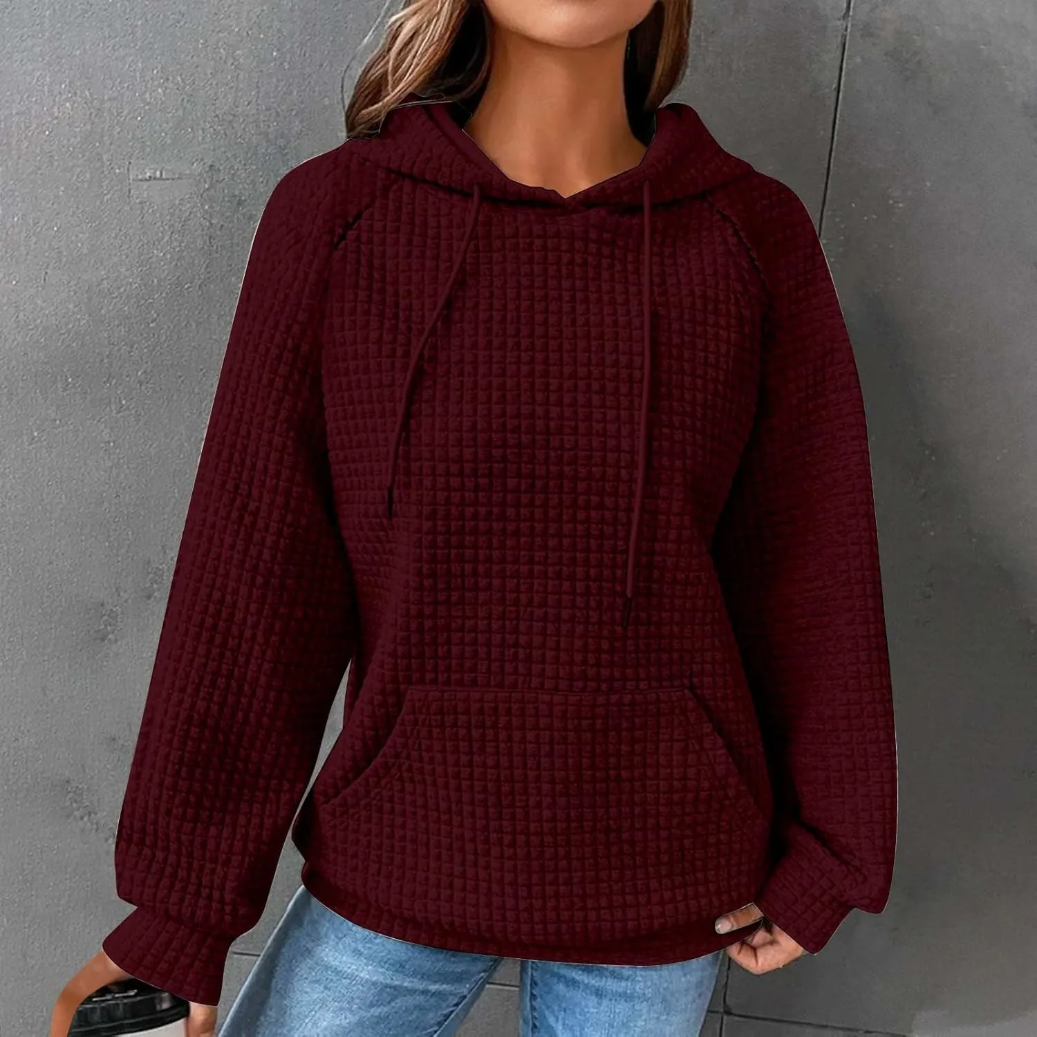 SMIDOW Oversized Hoodies For Women Trendy 2023 Waffle Knit Hooded Sweatshirt Casual Loose Fall Winter Pullover Tops
