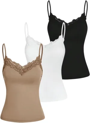 SOLY HUX Women's Camisole Tops with Built in Bra 3 Packs Lace Trim Spaghetti Strap Cami Tank Top