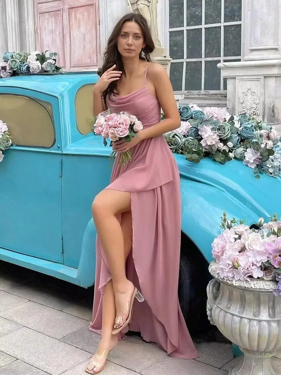 Spaghetti Strap Chiffon Bridesmaid Dress Long Cowl Neck Party Dresses A Line Ruffle Evening Gown with Slit ZX101