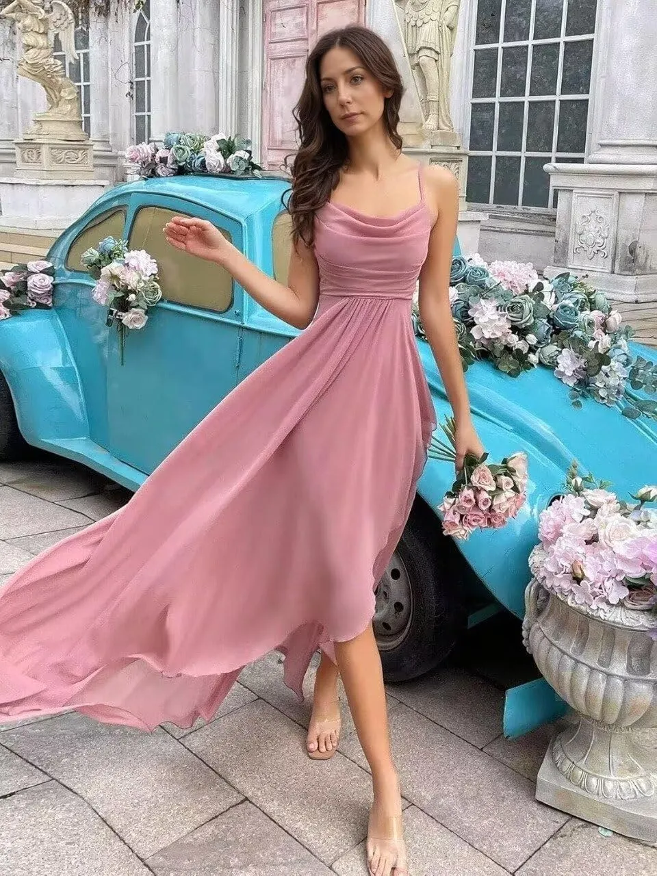 Spaghetti Strap Chiffon Bridesmaid Dress Long Cowl Neck Party Dresses A Line Ruffle Evening Gown with Slit ZX101