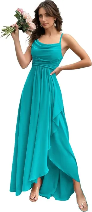 Spaghetti Strap Chiffon Bridesmaid Dress Long Cowl Neck Party Dresses A Line Ruffle Evening Gown with Slit ZX101