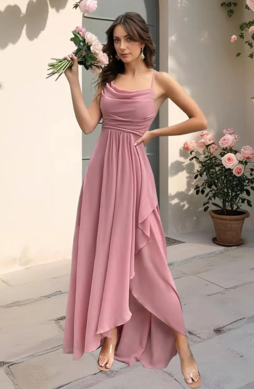 Spaghetti Strap Chiffon Bridesmaid Dress Long Cowl Neck Party Dresses A Line Ruffle Evening Gown with Slit ZX101