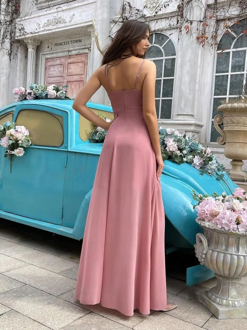 Spaghetti Strap Chiffon Bridesmaid Dress Long Cowl Neck Party Dresses A Line Ruffle Evening Gown with Slit ZX101