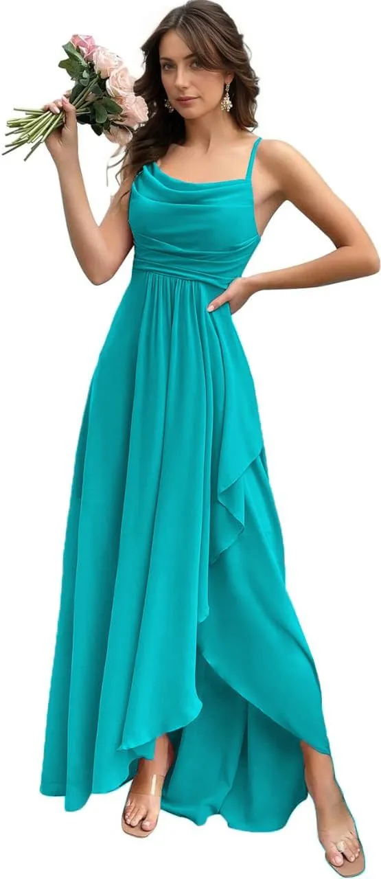 Spaghetti Strap Chiffon Bridesmaid Dress Long Cowl Neck Party Dresses A Line Ruffle Evening Gown with Slit ZX101