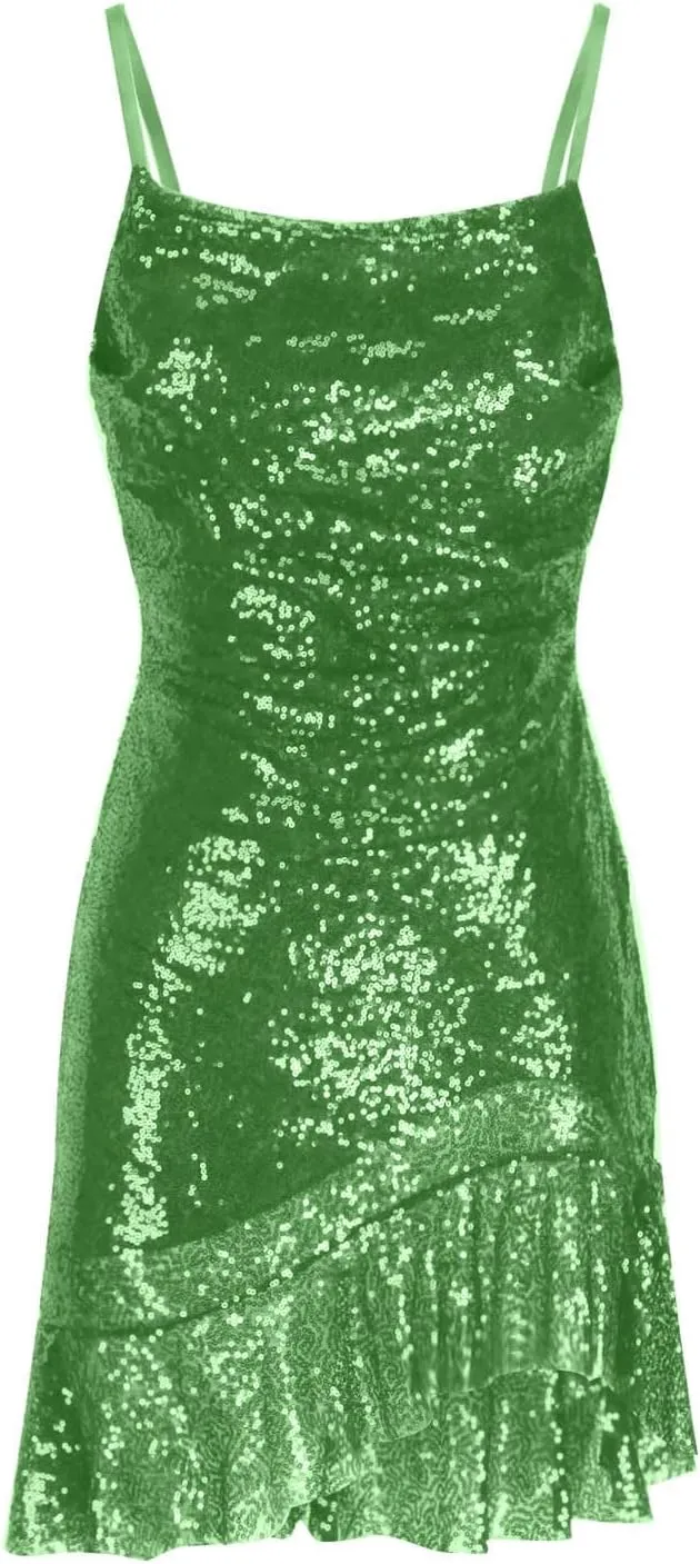 Sparkly Party Dress for Women Sexy Spaghetti Strap Mini Dresses Ruffle Glitter Sling Going Out Short