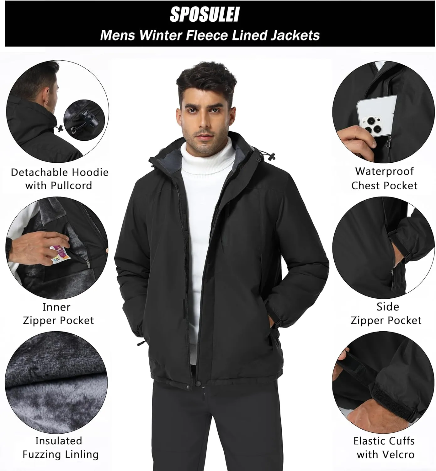 SPOSULEI Mens Skiing Jackets with Hoode Snowboarding Waterproof Fleece Liner Coats Windproof Winter Raincoat Multi Pockets