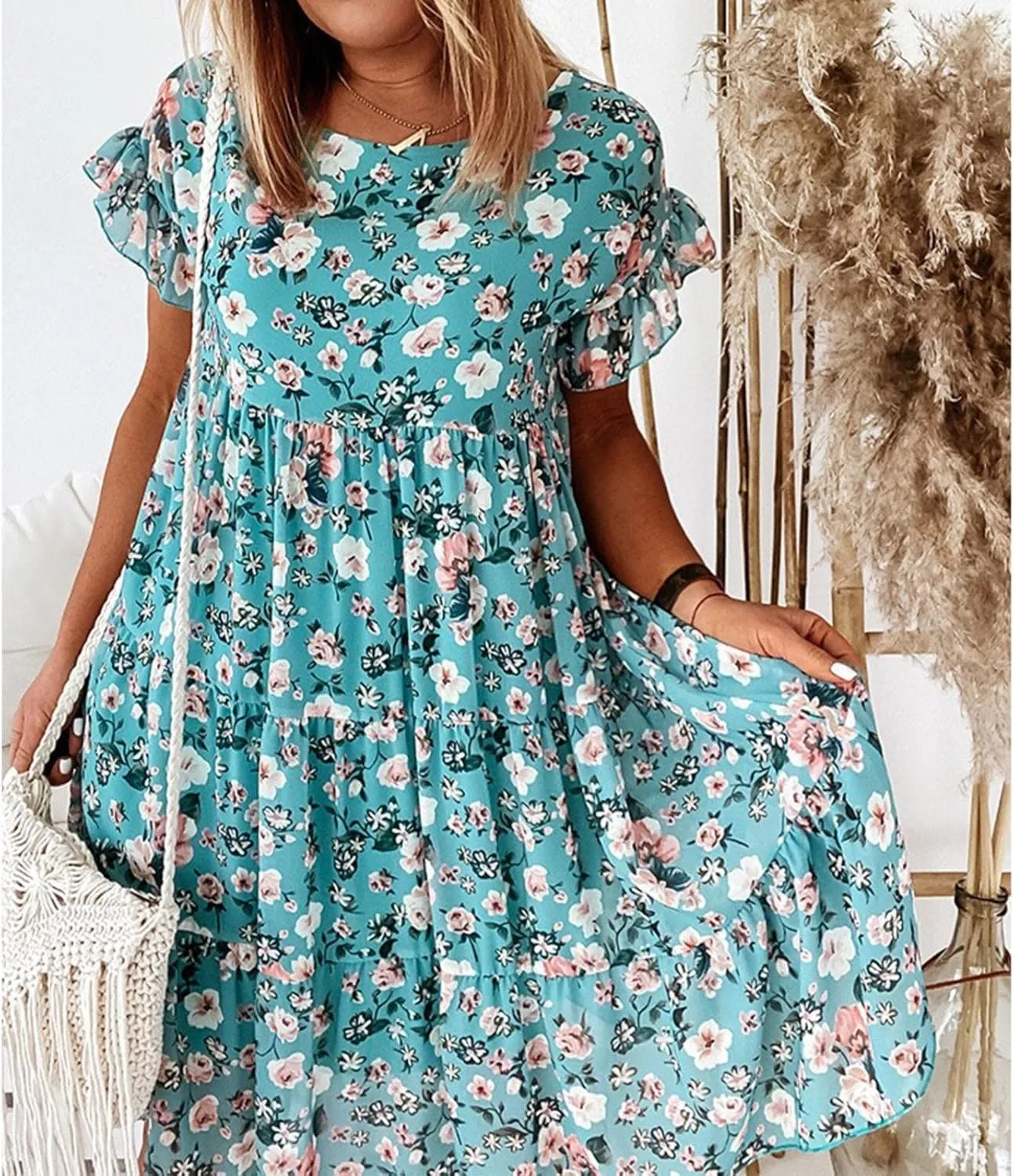 Spring Dresses for Women 2024 Trendy Flowy Casual V Neck 3/4 Sleeve Floral Maxi Dress Plus Size A Line Summer Long Dresses