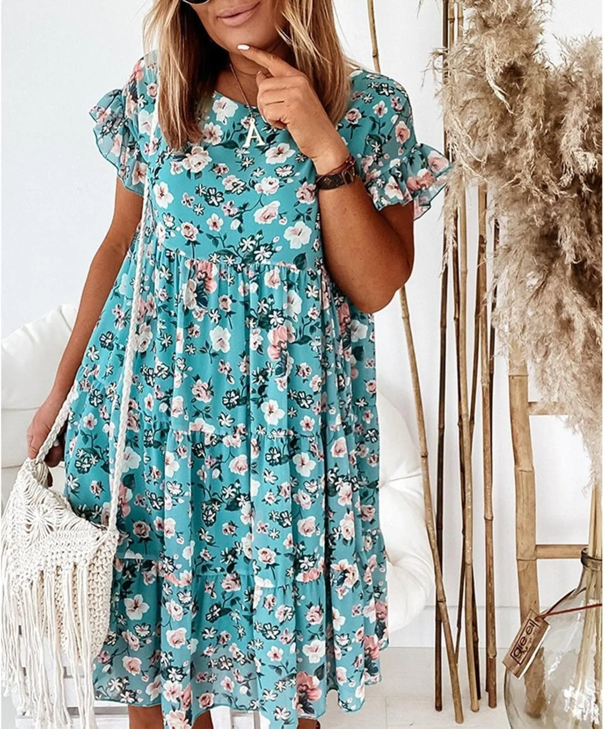 Spring Dresses for Women 2024 Trendy Flowy Casual V Neck 3/4 Sleeve Floral Maxi Dress Plus Size A Line Summer Long Dresses