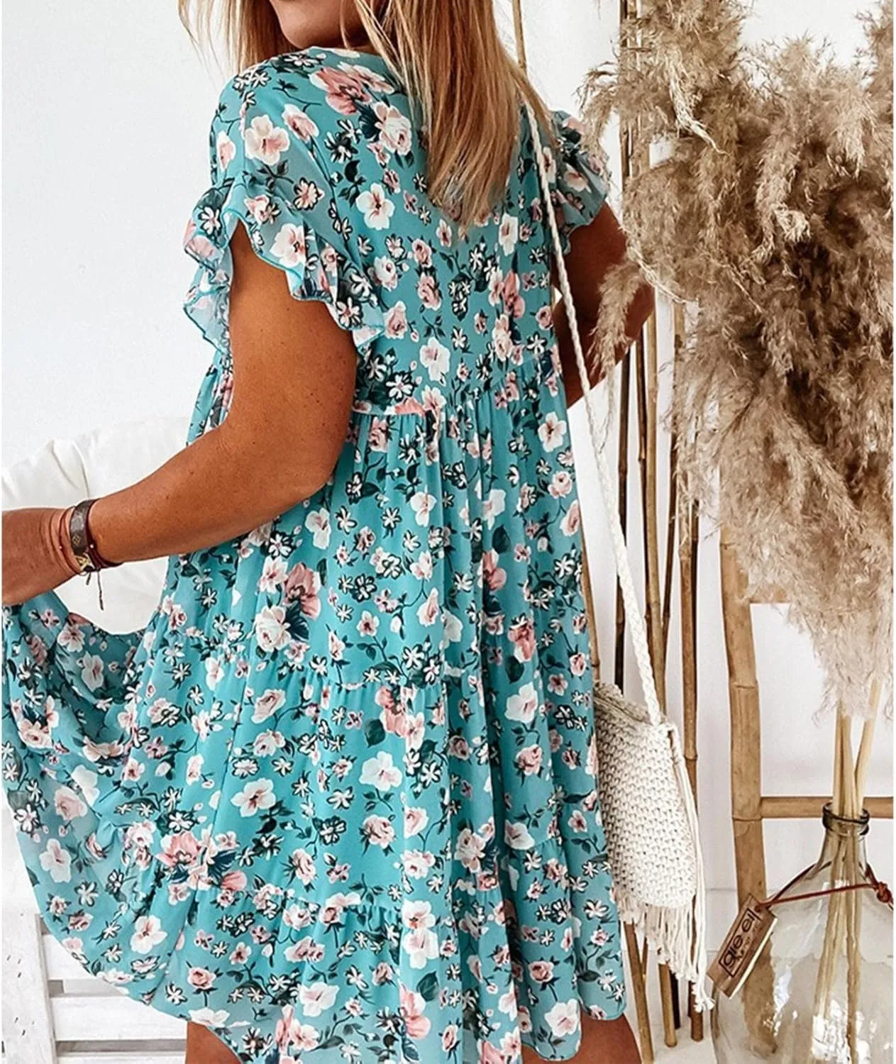 Spring Dresses for Women 2024 Trendy Flowy Casual V Neck 3/4 Sleeve Floral Maxi Dress Plus Size A Line Summer Long Dresses