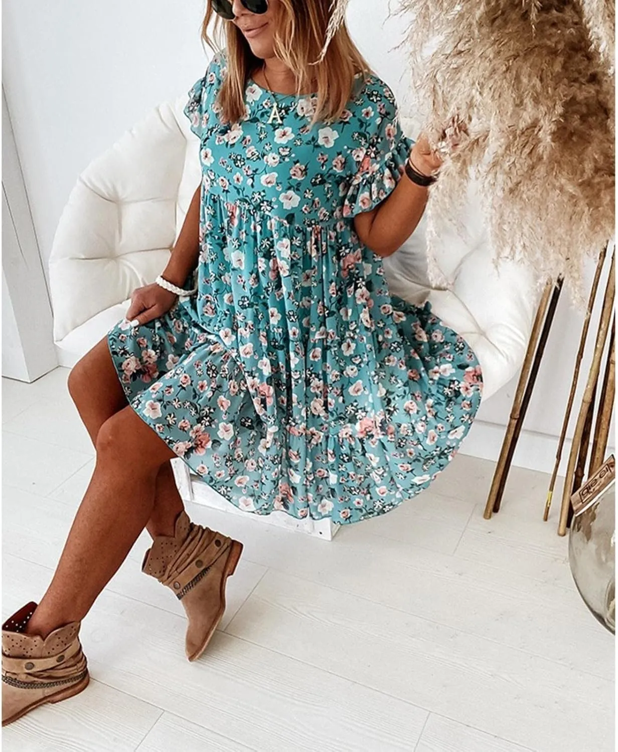 Spring Dresses for Women 2024 Trendy Flowy Casual V Neck 3/4 Sleeve Floral Maxi Dress Plus Size A Line Summer Long Dresses