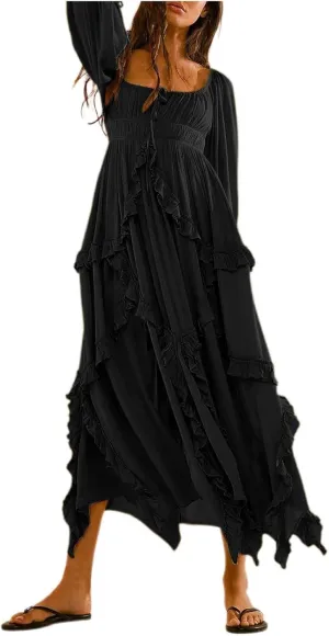 Spring Dresses for Women 2025, Women's Boho Lantern Sleeve Square Neck Smocked High Waist Flowy A Line Ruffle Hem Maxi Dress