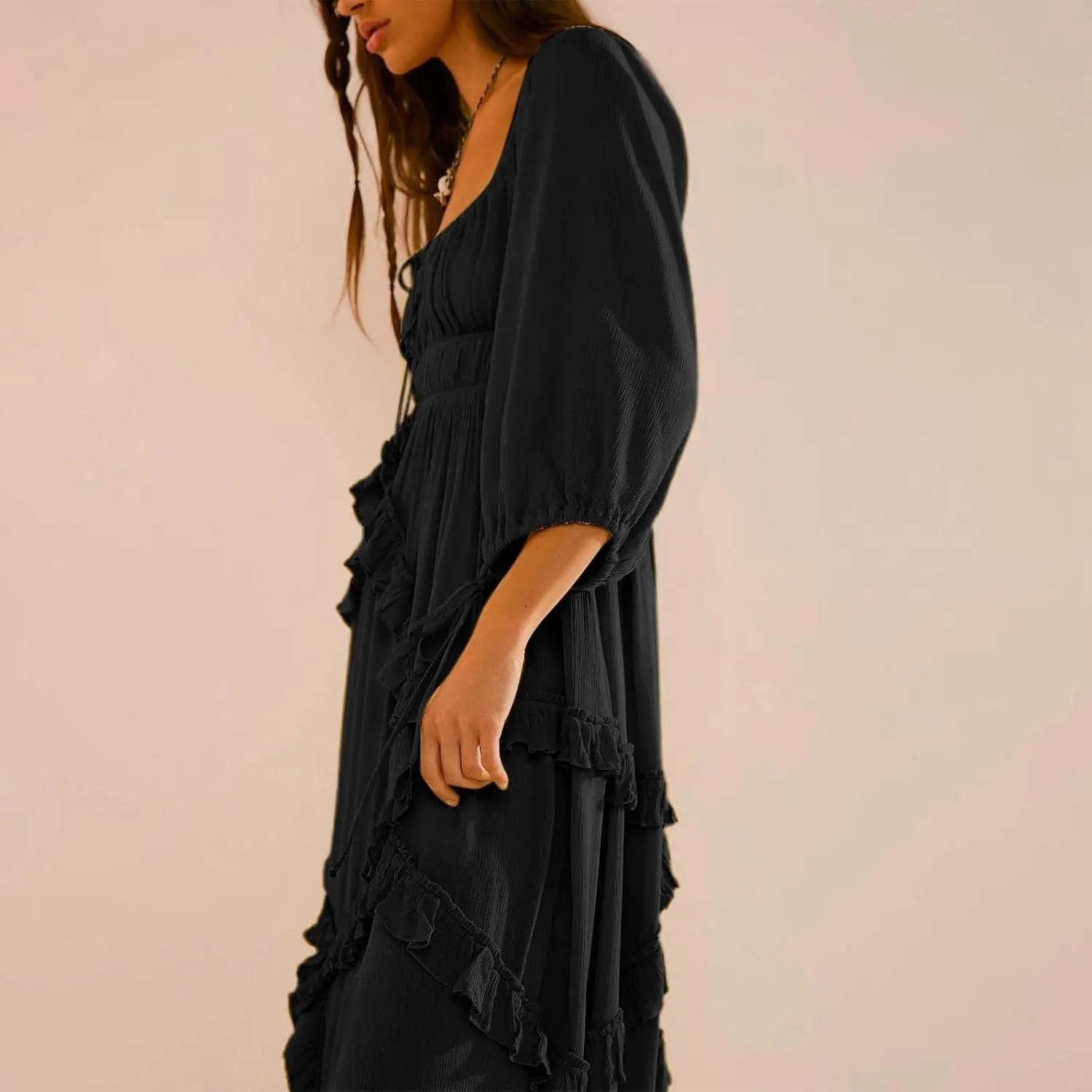 Spring Dresses for Women 2025, Women's Boho Lantern Sleeve Square Neck Smocked High Waist Flowy A Line Ruffle Hem Maxi Dress