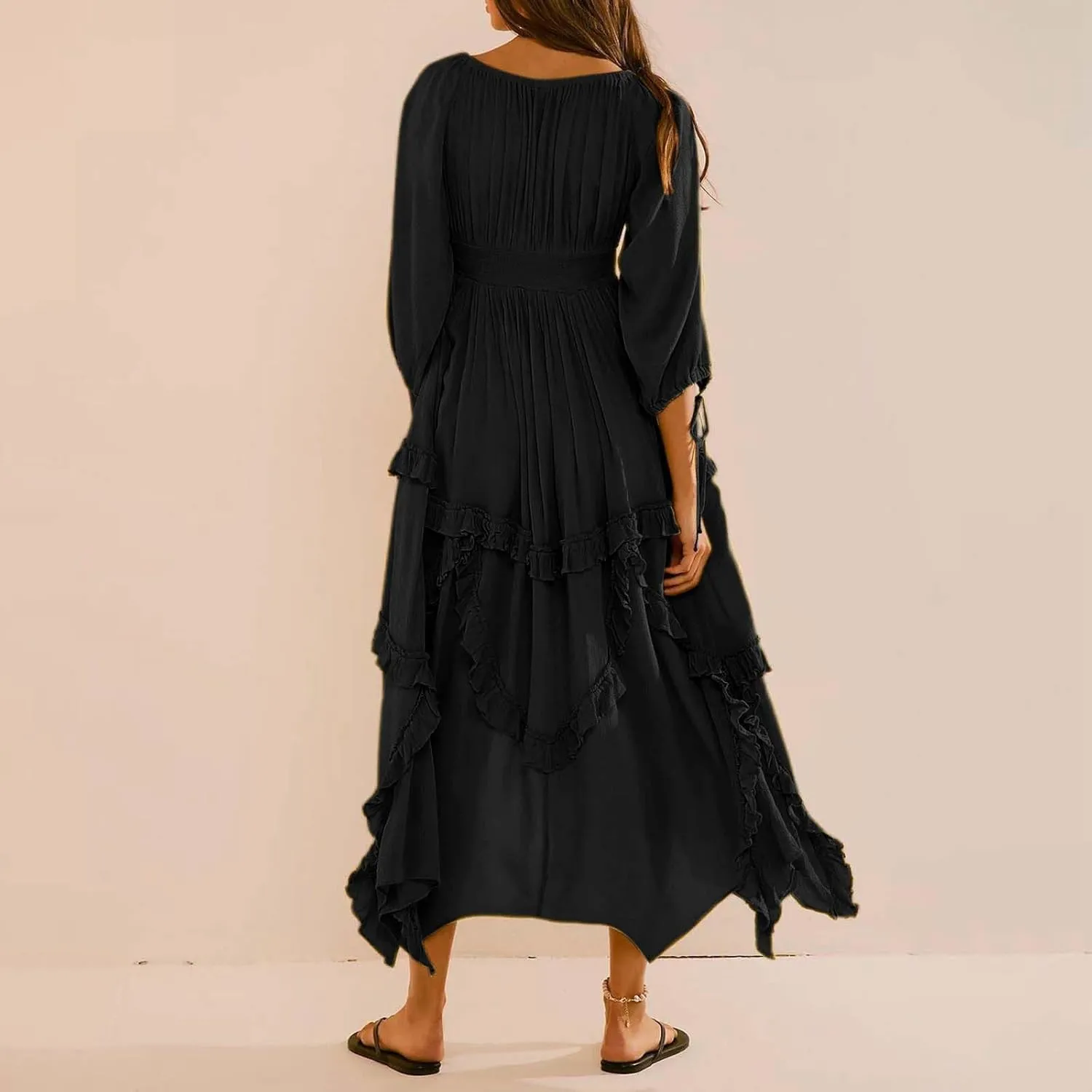 Spring Dresses for Women 2025, Women's Boho Lantern Sleeve Square Neck Smocked High Waist Flowy A Line Ruffle Hem Maxi Dress