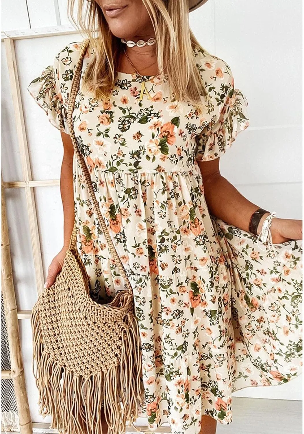 Spring Dresses for Women Trendy Flowy Casual V Neck 3/4 Sleeve Floral Maxi Dress A Line Plus Size Summer Long Dresses