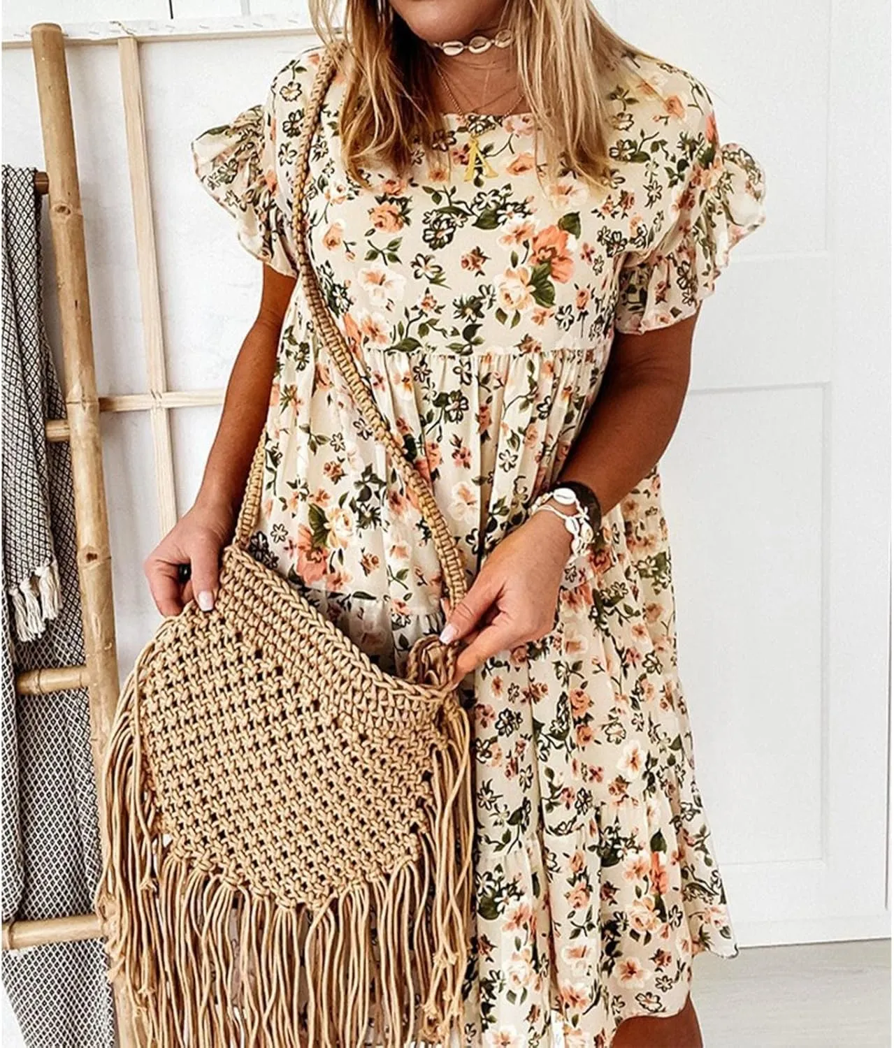 Spring Dresses for Women Trendy Flowy Casual V Neck 3/4 Sleeve Floral Maxi Dress A Line Plus Size Summer Long Dresses