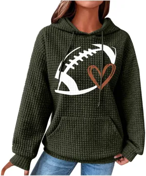 Stessotudo Womens Waffle Knit Hoodies Casual Long Sleeve Cute Football Print Sweatshirts Drawstring Trendy Pullover Tops 2023