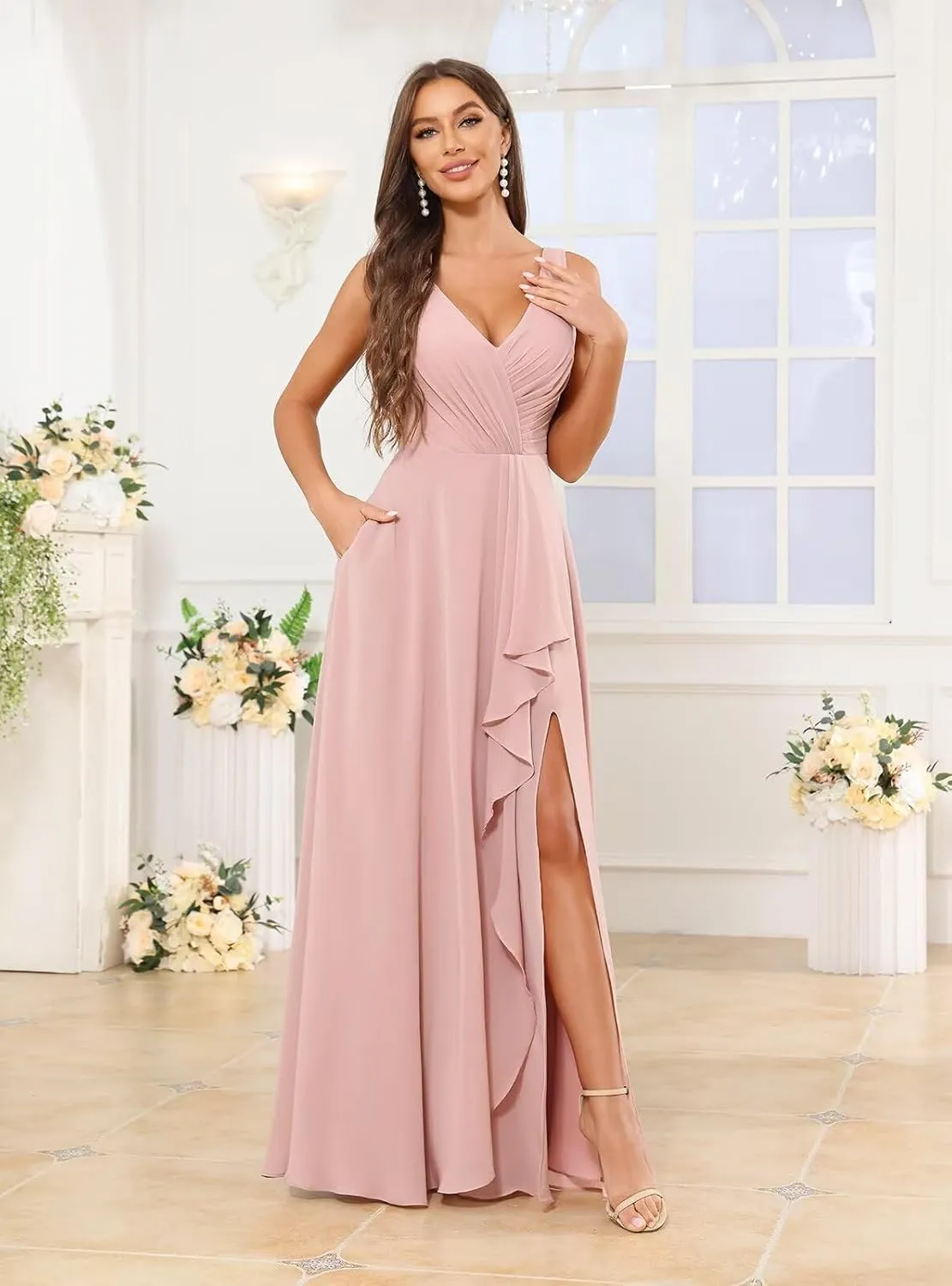 Sukleet Women's V Neck Chiffon Bridesmaid Dress Long Ruffle Pleated A Line Formal Dresses with Slit