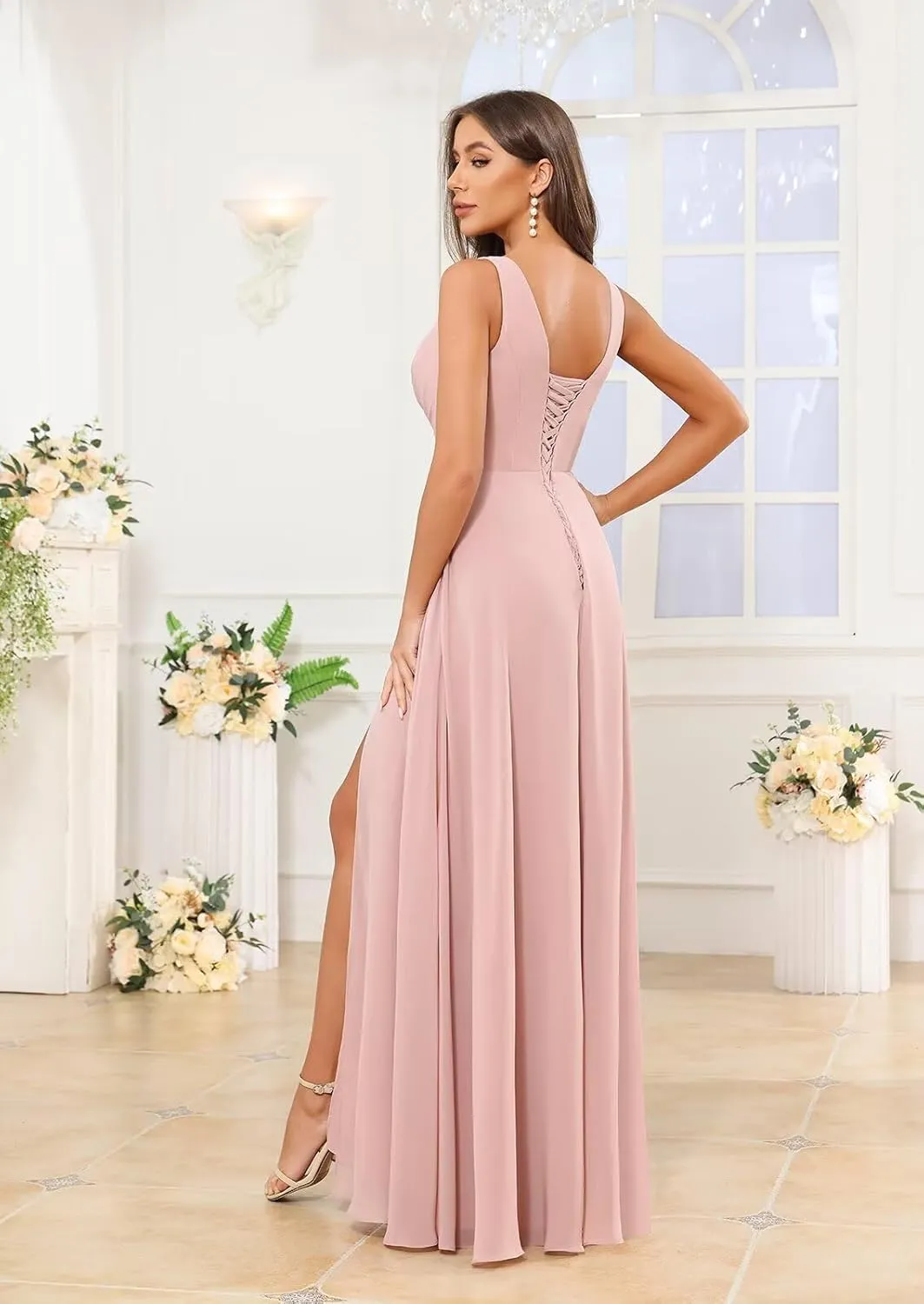 Sukleet Women's V Neck Chiffon Bridesmaid Dress Long Ruffle Pleated A Line Formal Dresses with Slit