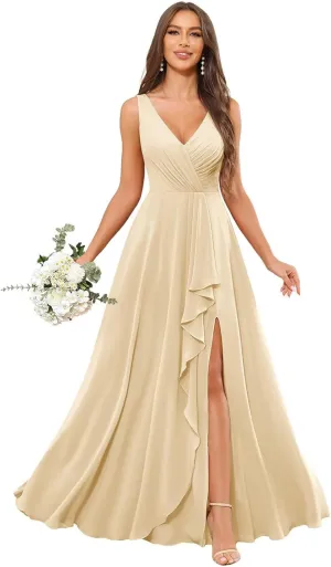 Sukleet Women's V Neck Chiffon Bridesmaid Dress Long Ruffle Pleated A Line Formal Dresses with Slit