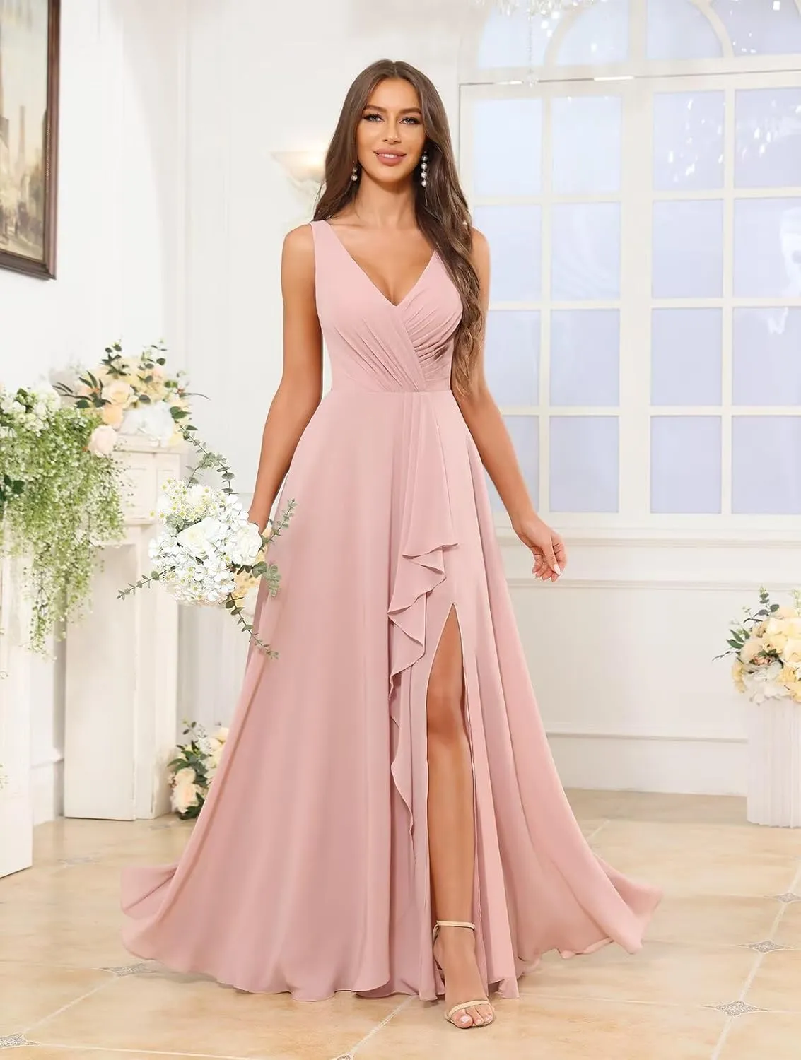 Sukleet Women's V Neck Chiffon Bridesmaid Dress Long Ruffle Pleated A Line Formal Dresses with Slit