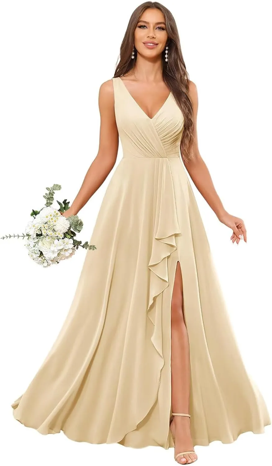 Sukleet Women's V Neck Chiffon Bridesmaid Dress Long Ruffle Pleated A Line Formal Dresses with Slit