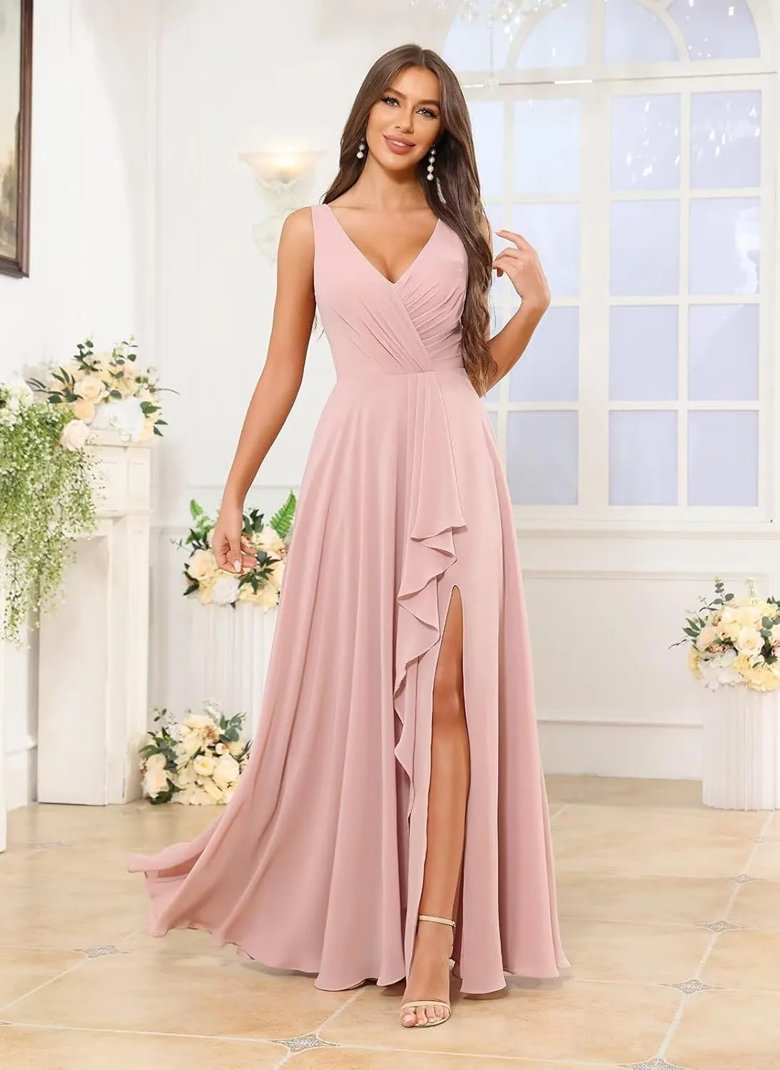 Sukleet Women's V Neck Chiffon Bridesmaid Dress Long Ruffle Pleated A Line Formal Dresses with Slit