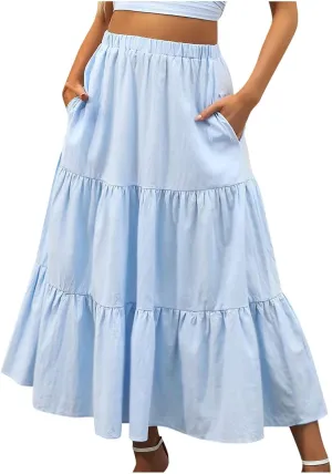 Summer Beach Maxi Skirts for Women Casual High Waisted Pleated Ruffle Swing Skirt Layered Tiered Vacation Dress