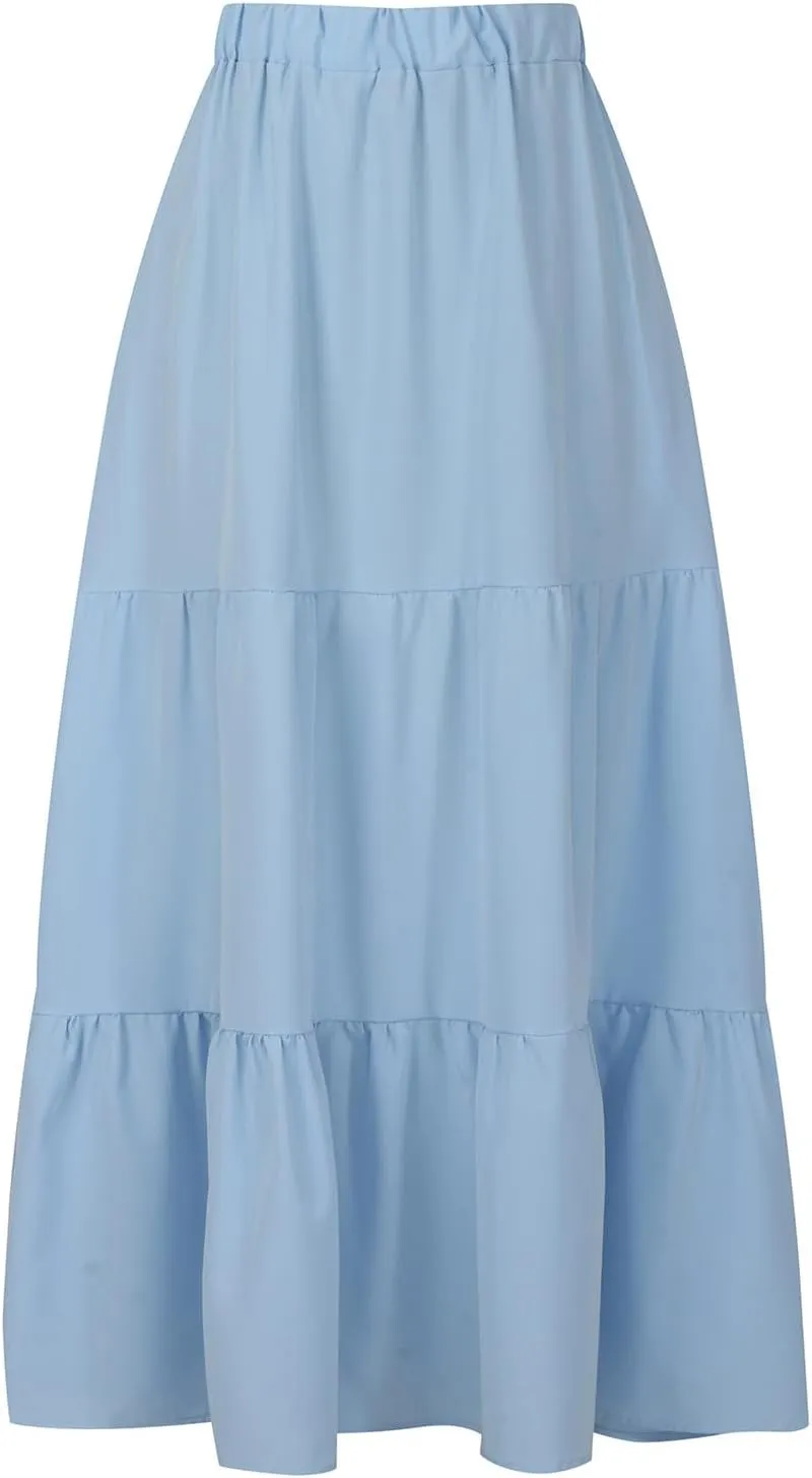 Summer Beach Maxi Skirts for Women Casual High Waisted Pleated Ruffle Swing Skirt Layered Tiered Vacation Dress