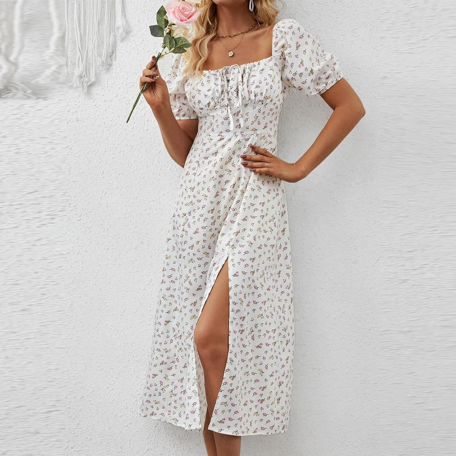 Summer Dresses for Women 2025 Puff Short Sleeve Long Boho Dresses Square Neck Floral Split Thigh Dress