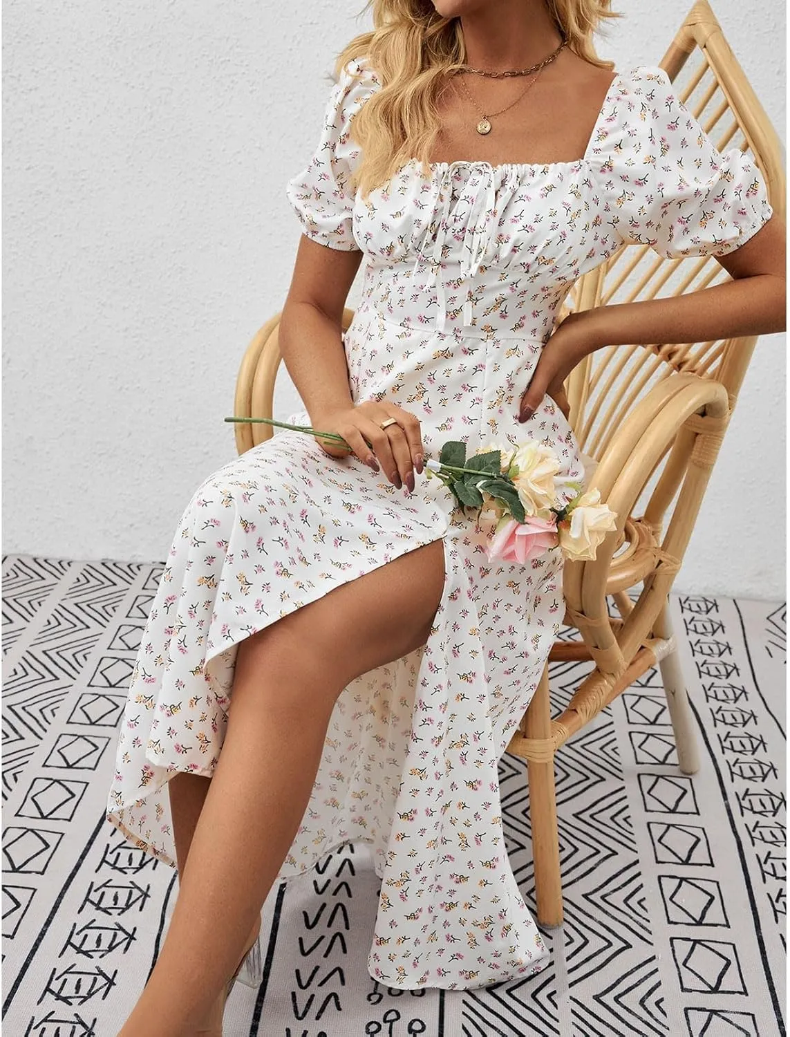 Summer Dresses for Women 2025 Puff Short Sleeve Long Boho Dresses Square Neck Floral Split Thigh Dress