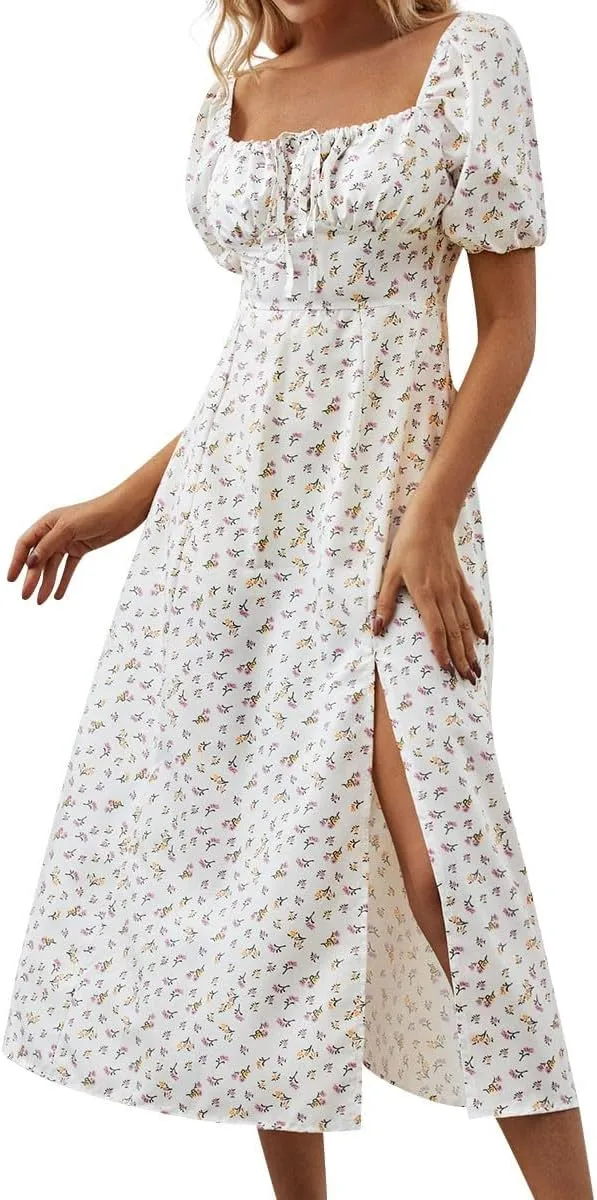 Summer Dresses for Women 2025 Puff Short Sleeve Long Boho Dresses Square Neck Floral Split Thigh Dress