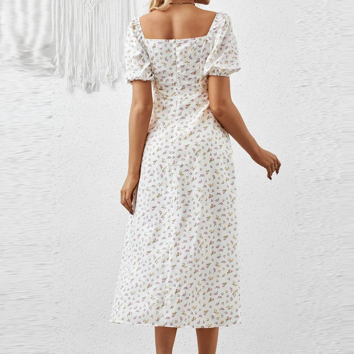 Summer Dresses for Women 2025 Puff Short Sleeve Long Boho Dresses Square Neck Floral Split Thigh Dress