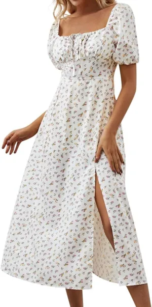 Summer Dresses for Women 2025 Puff Short Sleeve Long Boho Dresses Square Neck Floral Split Thigh Dress