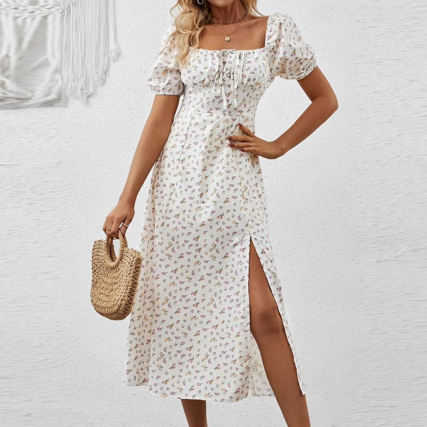 Summer Dresses for Women 2025 Puff Short Sleeve Long Boho Dresses Square Neck Floral Split Thigh Dress