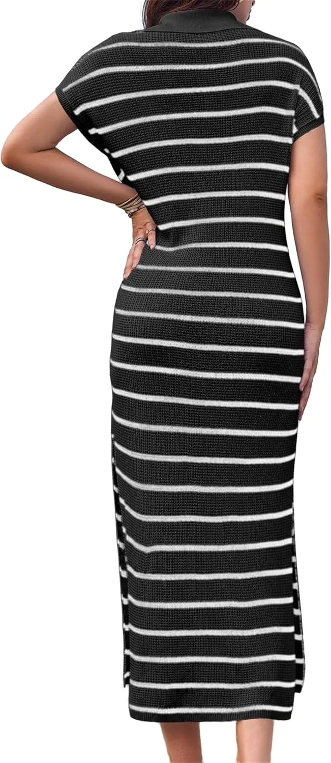 Summer Dresses for Women 2025 Short Sleeve V Neck Collared Dress Striped Knit Dresses Loose Maxi Sweater Dress