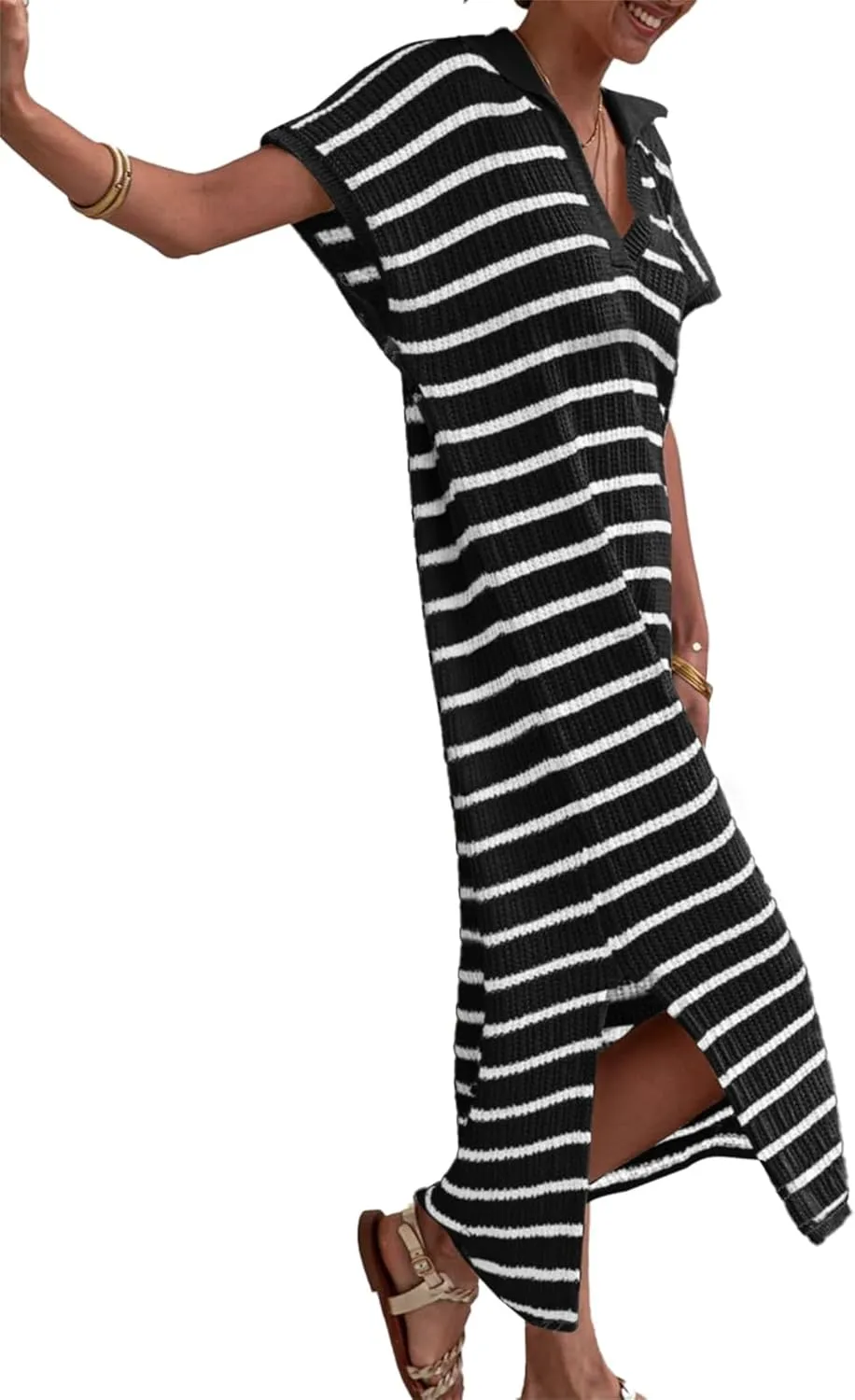 Summer Dresses for Women 2025 Short Sleeve V Neck Collared Dress Striped Knit Dresses Loose Maxi Sweater Dress